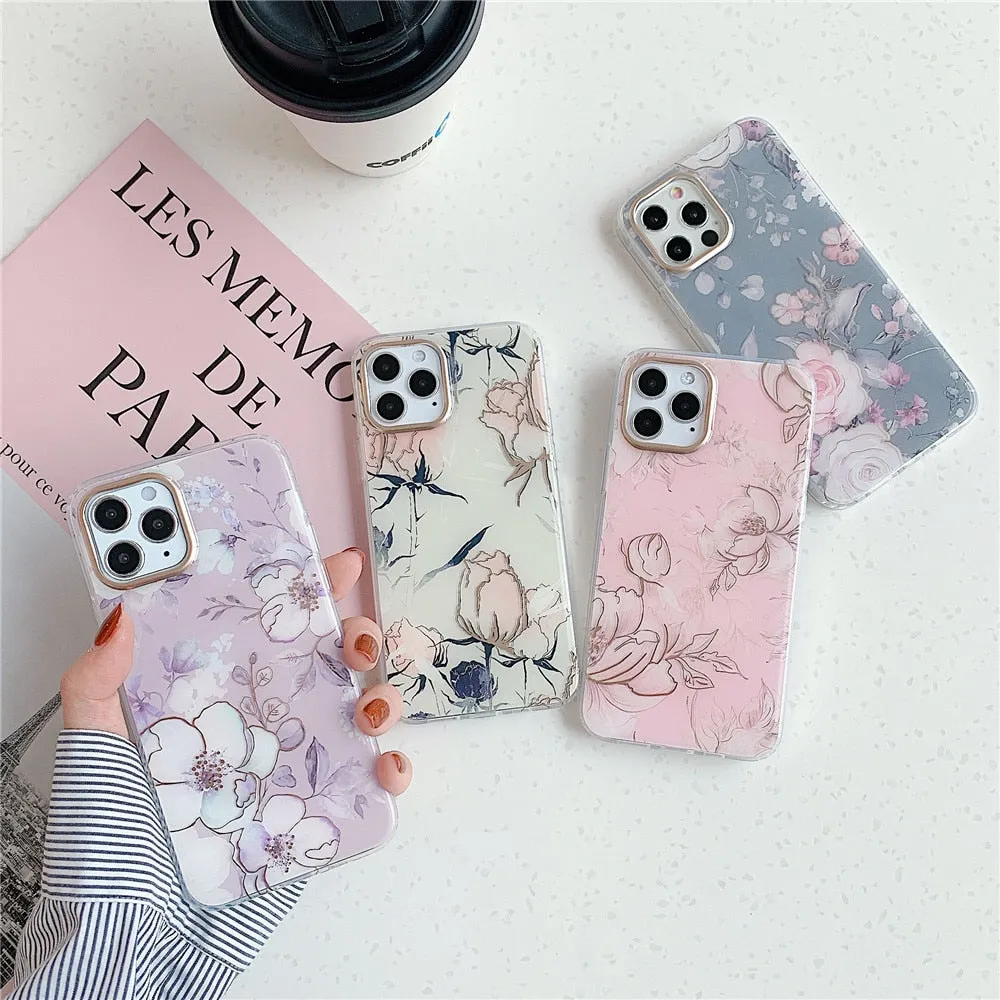 Anymob iPhone Pink Vintage Flower Phone Case Soft Silicone Shockproof Back Cover