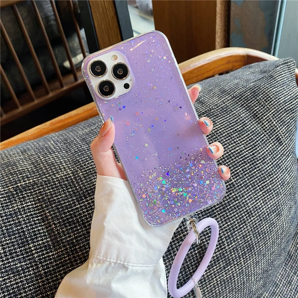Anymob iPhone Violet Clear Glitter Phone Case Pendant Wristband Chain Cover
