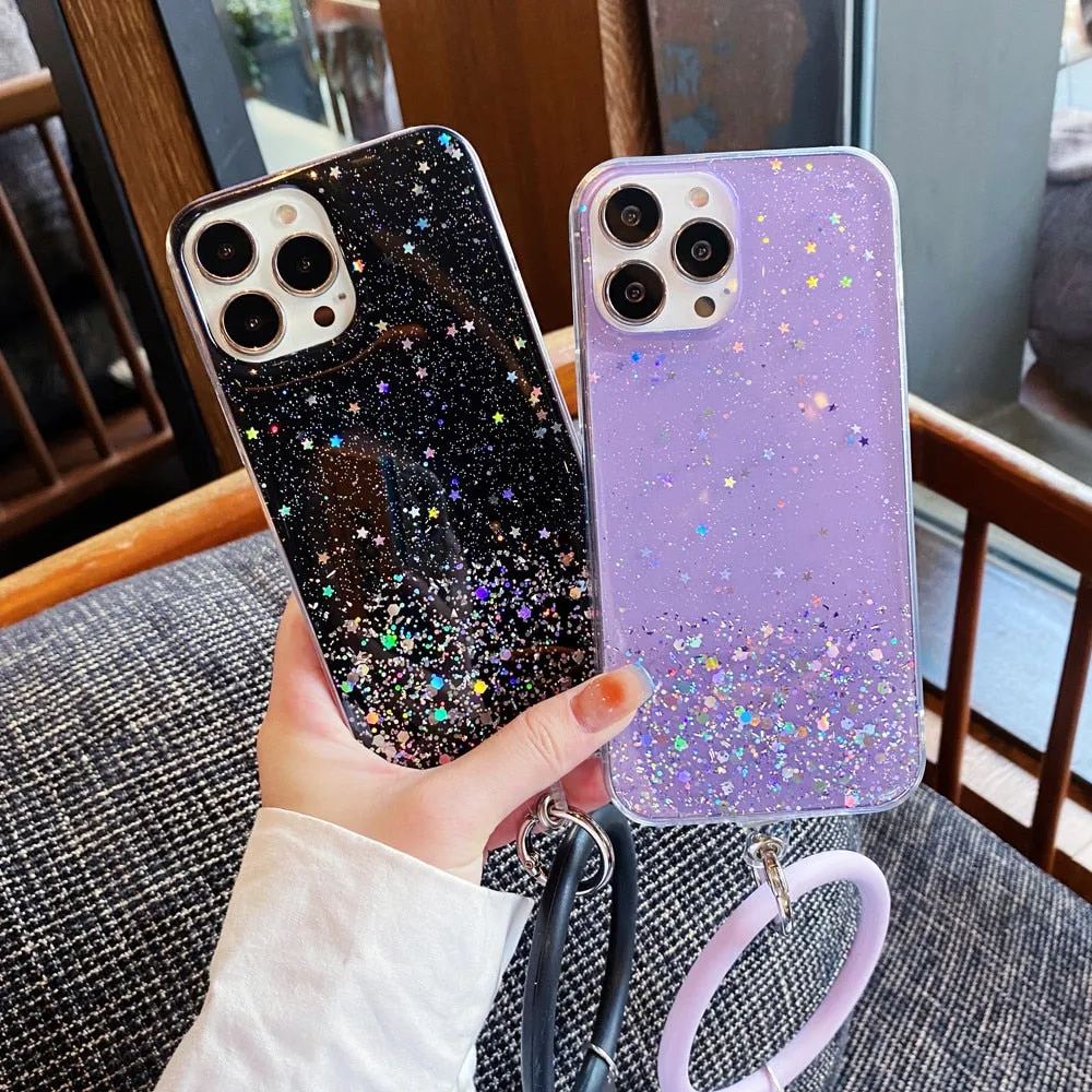 Anymob iPhone Violet Clear Glitter Phone Case Pendant Wristband Chain Cover