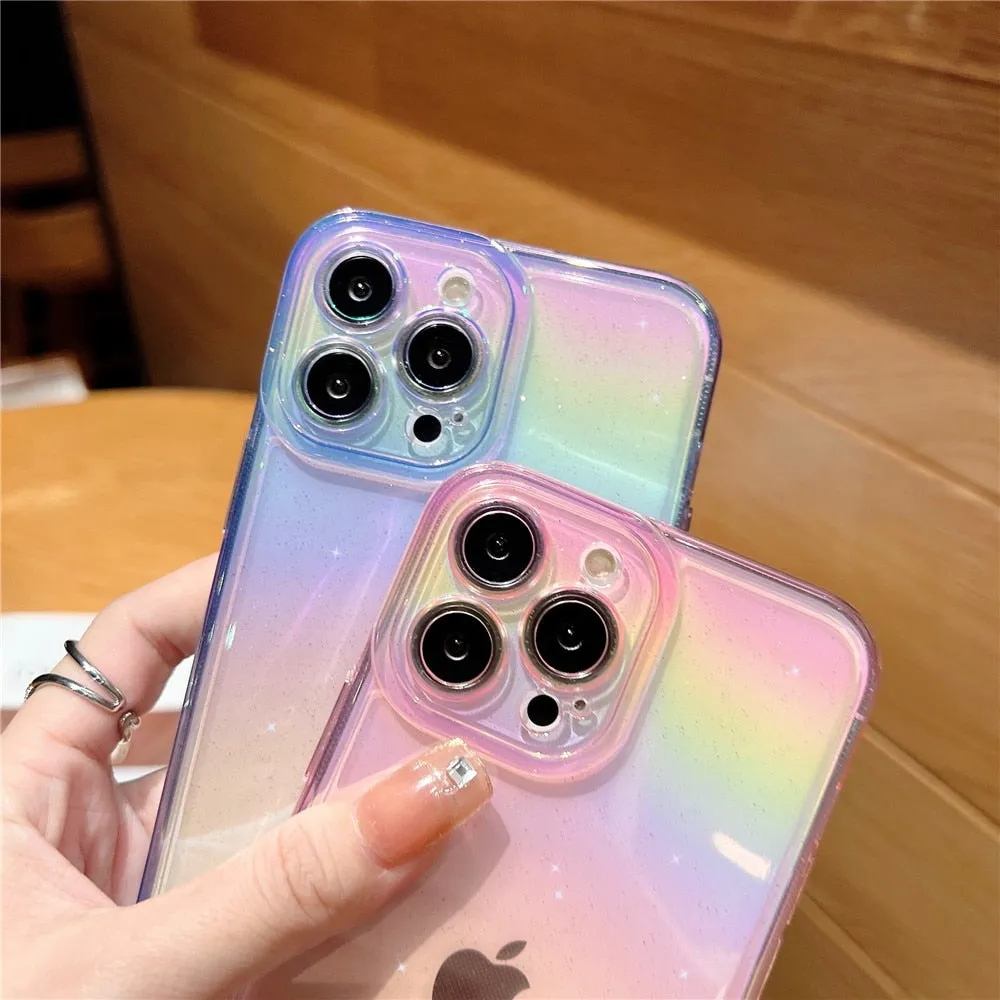 Anymob iPhone Violet Rainbow Gradient Phone Case Transparent Glitter Silicon Shockproof Cover