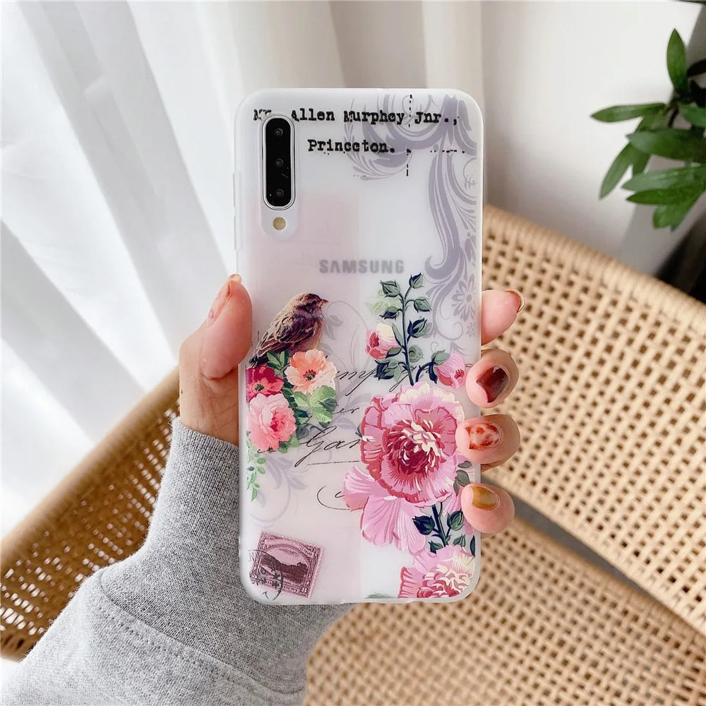 Anymob Samsung Case Brown Bird and Flower Vintage Relief Flower Phone Matte Soft Silicone Back Cover