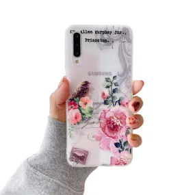 Anymob Samsung Case Brown Bird and Flower Vintage Relief Flower Phone Matte Soft Silicone Back Cover
