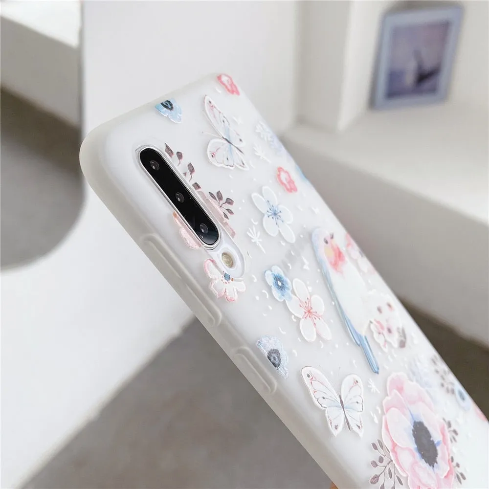 Anymob Samsung Case Brown Bird and Flower Vintage Relief Flower Phone Matte Soft Silicone Back Cover