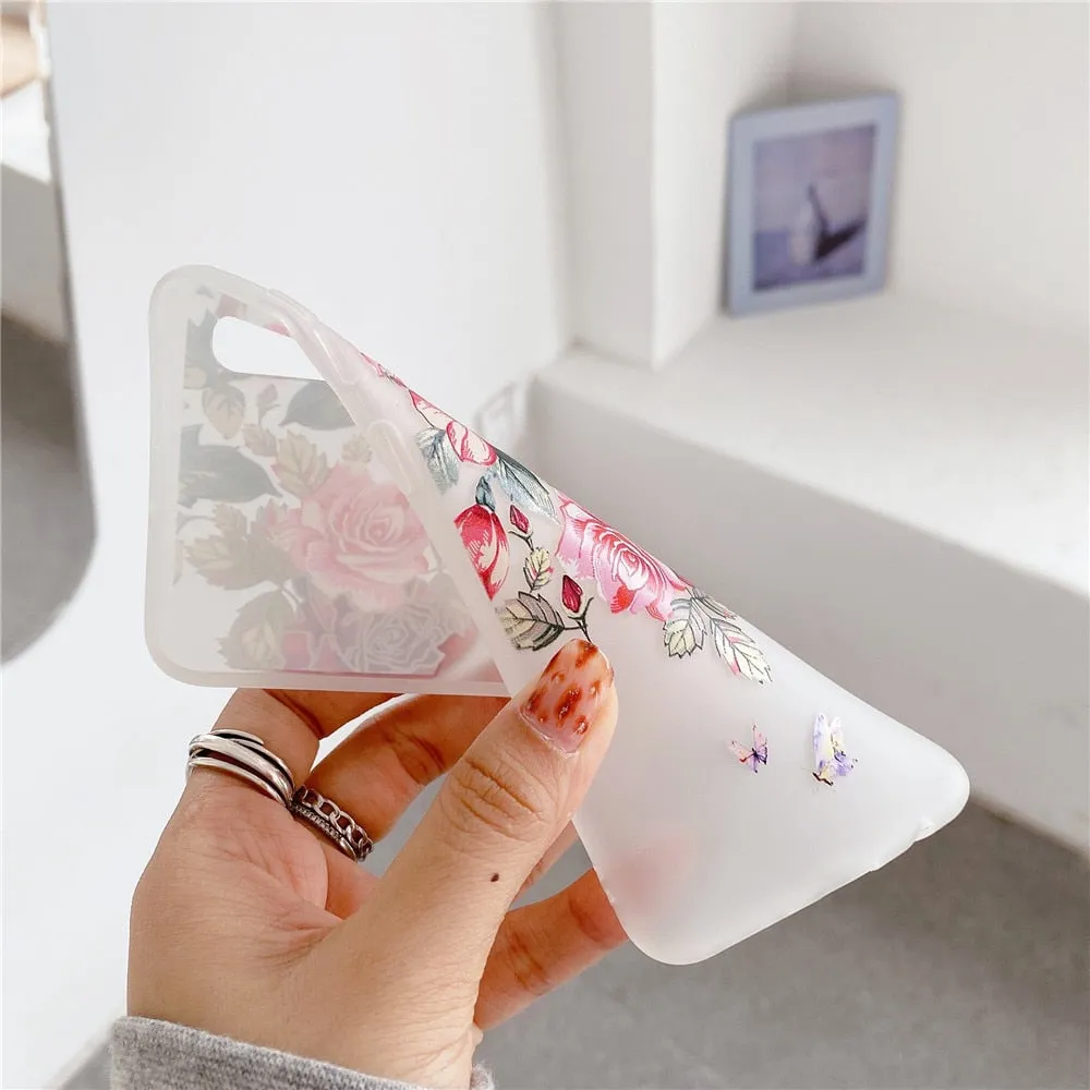 Anymob Samsung Case Brown Bird and Flower Vintage Relief Flower Phone Matte Soft Silicone Back Cover