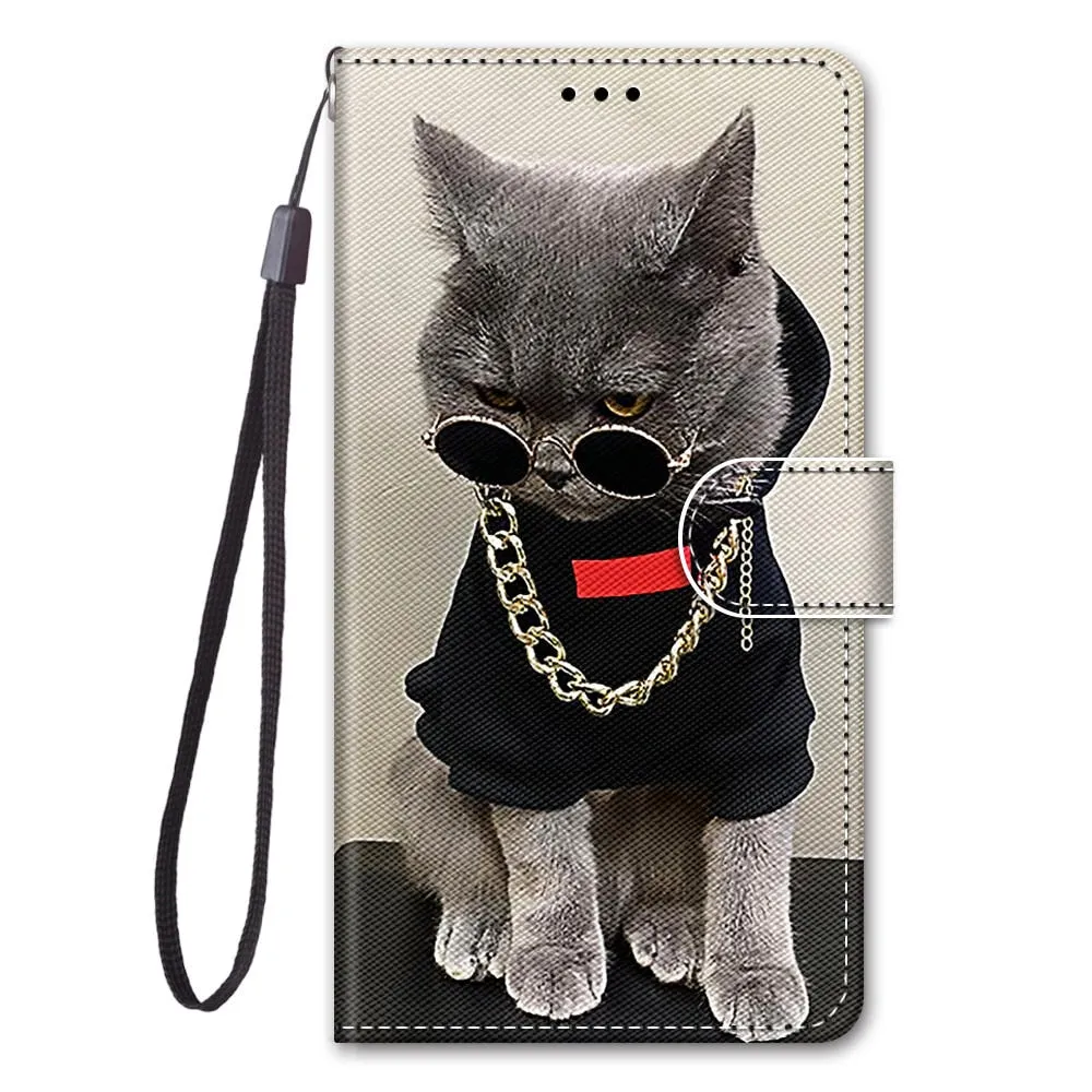 Anymob Samsung Case Rockstar Cat Luxury Painted Flip Cute Playful Cat Wallet Phone Cover