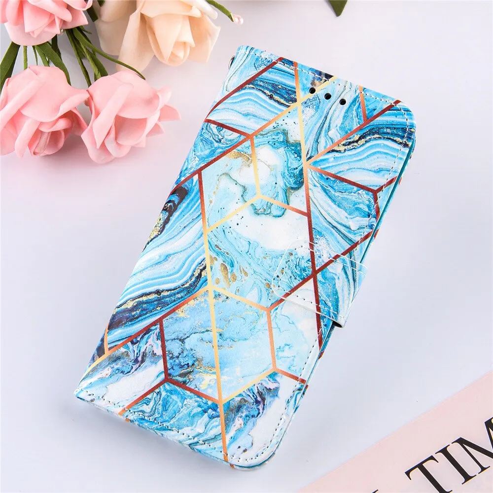 Anymob Samsung Ocean Blue Geometric Marble Leather Case Flip Wallet Magnetic Phone Cover