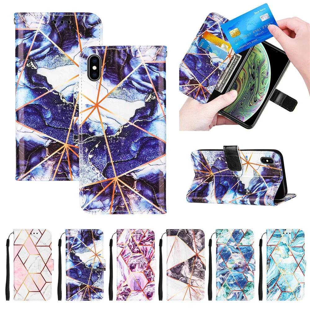 Anymob Samsung Ocean Blue Geometric Marble Leather Case Flip Wallet Magnetic Phone Cover