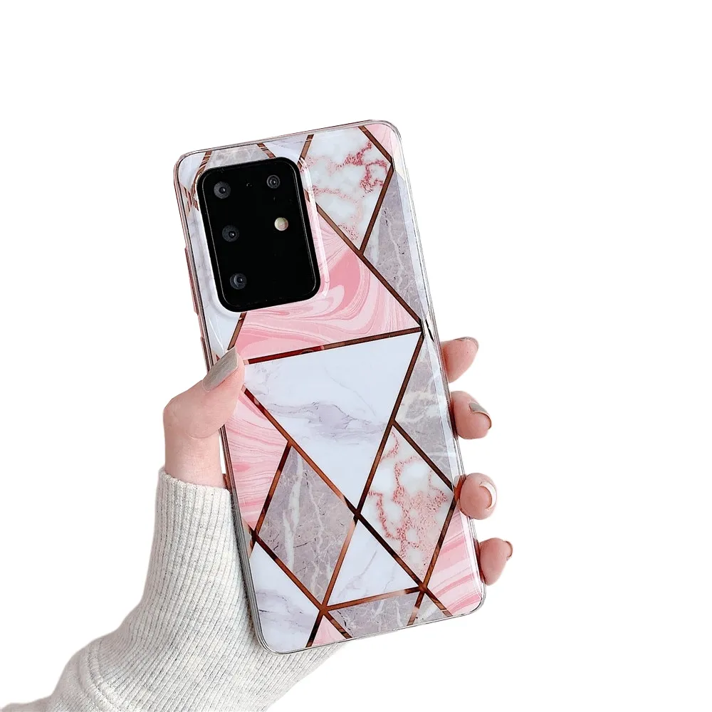 Anymob Samsung White And Pink Geometry Marble Case Silicon Phone Cover