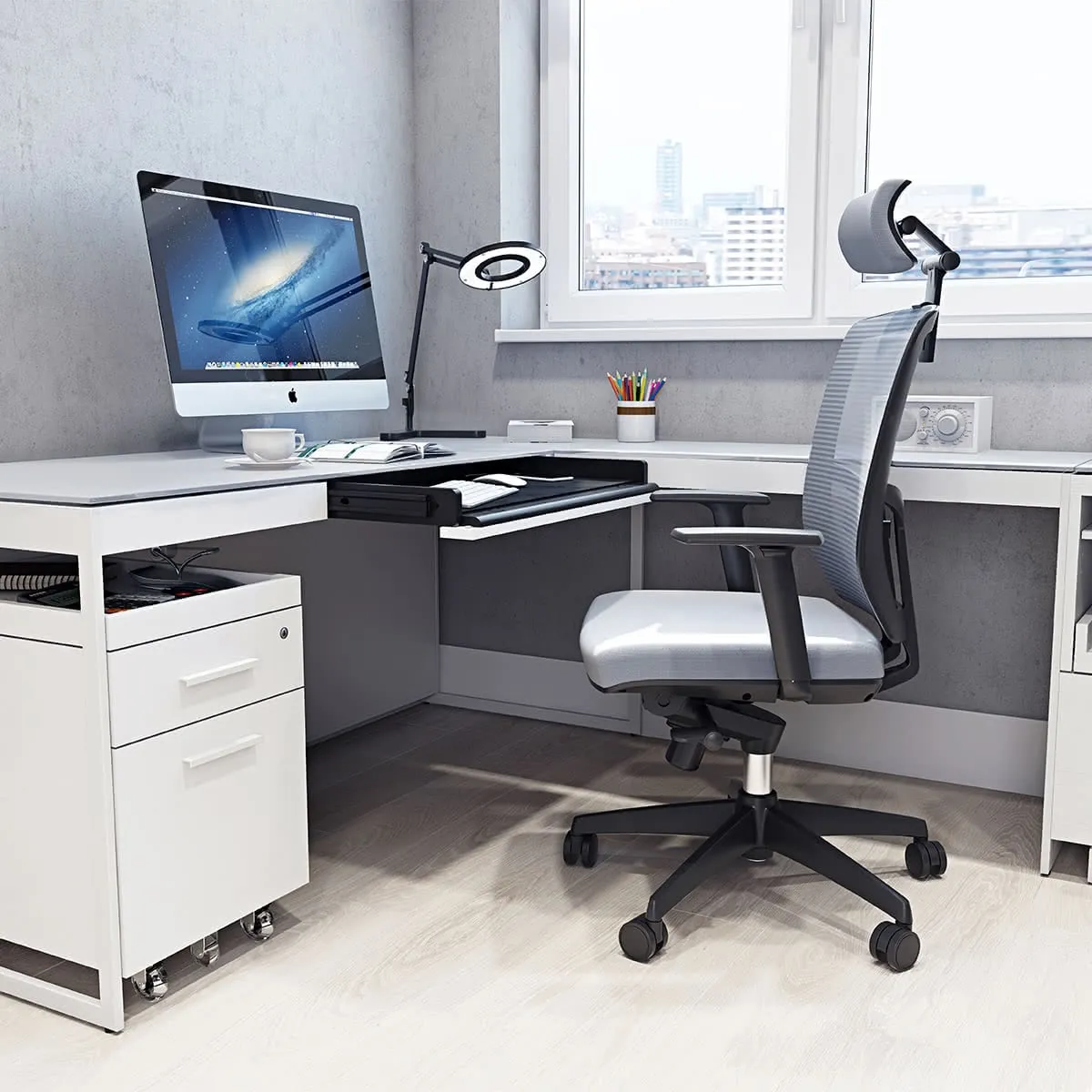 BDI Centro 6401 Desk with Keyboard Drawer (Satin White)