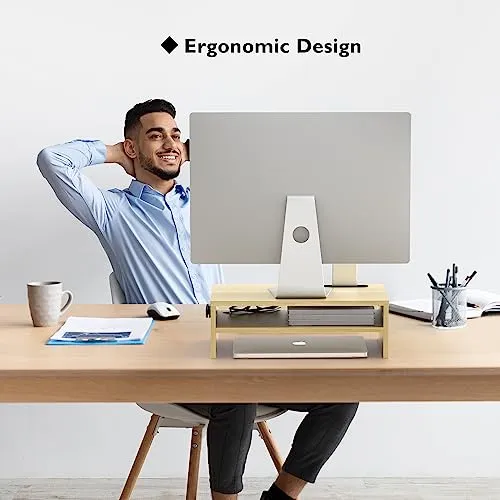 BONTEC Monitor Stand Riser, 2 Tiers Wood Monitor Riser Stand with Storage Organizer, Desktop Ergonomic Monitor Stand Riser with Cellphone Holder and Cable Management, 16.5 Inch Shelf, Maple