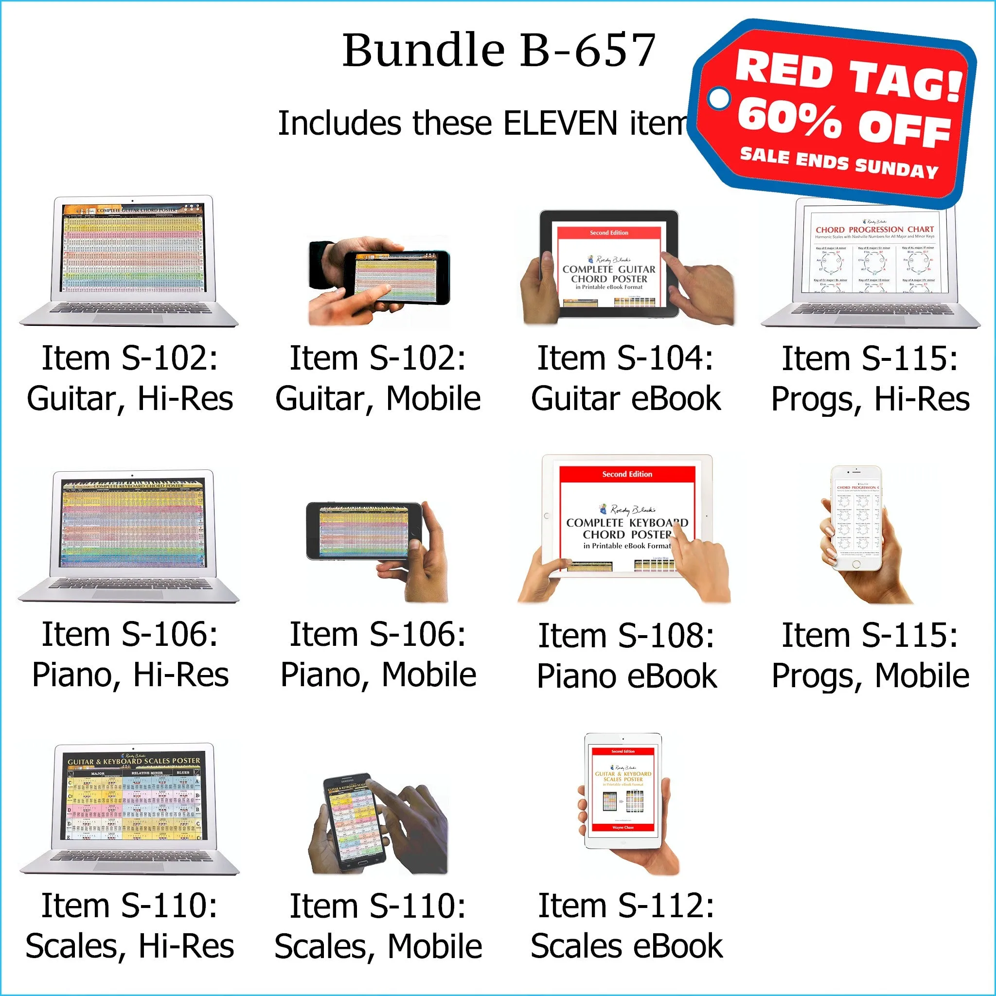 Bundle B-657: Complete Guitar Chords, Complete Keyboard Chords, Scales, Chord Progressions - E-Posters and Printable E-Books. FREE Download Protection.