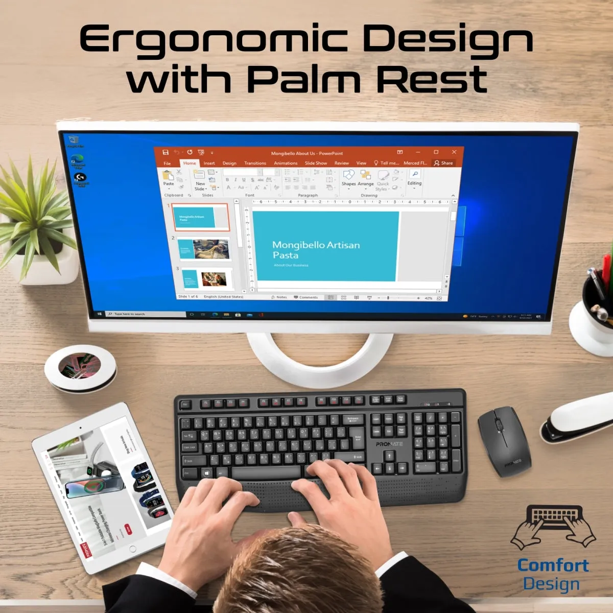 Ergonomic Wireless Multimedia Keyboard with Palm Rest and Ambidextrous Mouse