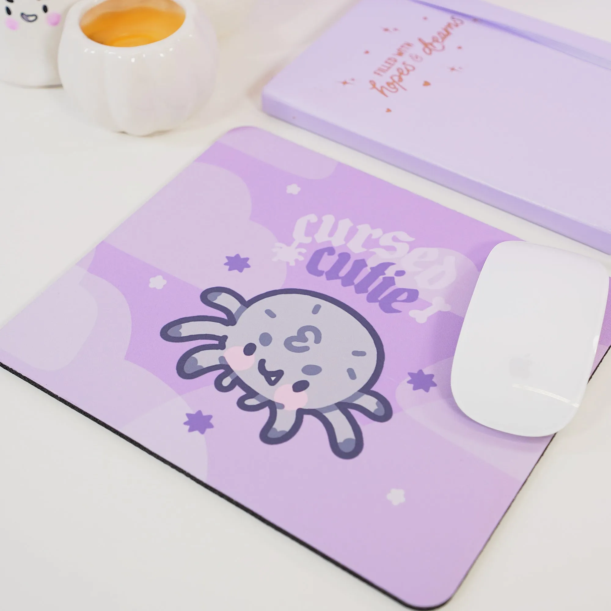 Fluffy the Spider Kawaii Halloween Mouse Pad | “Cursed Cutie” Gothic Purple Desk Decor | Spooky Cute Desk Mat