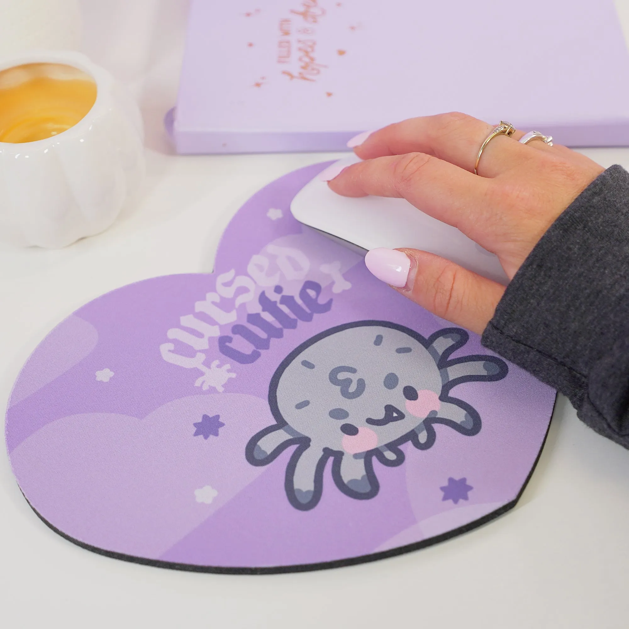 Fluffy the Spider Kawaii Halloween Mouse Pad | “Cursed Cutie” Gothic Purple Desk Decor | Spooky Cute Desk Mat