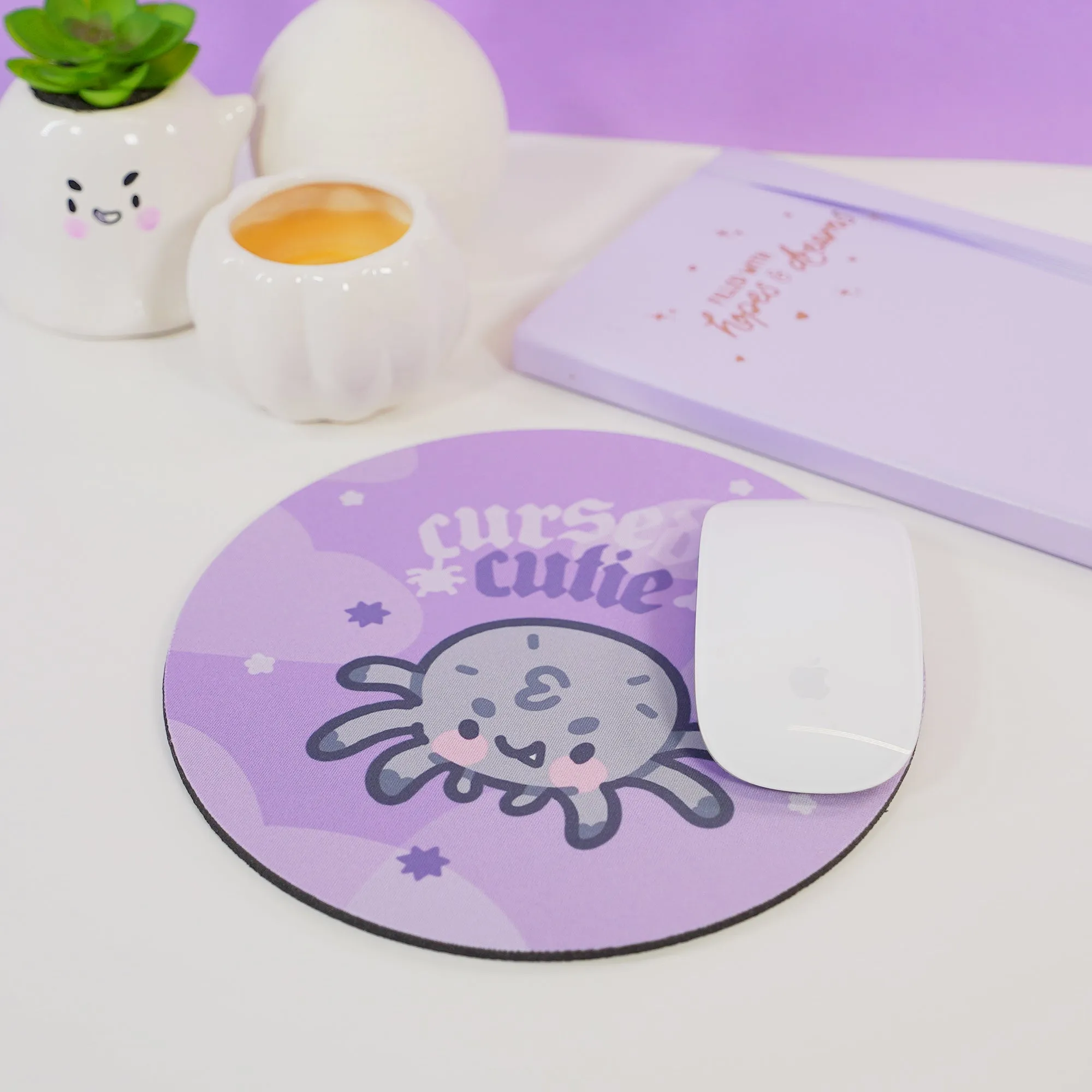 Fluffy the Spider Kawaii Halloween Mouse Pad | “Cursed Cutie” Gothic Purple Desk Decor | Spooky Cute Desk Mat