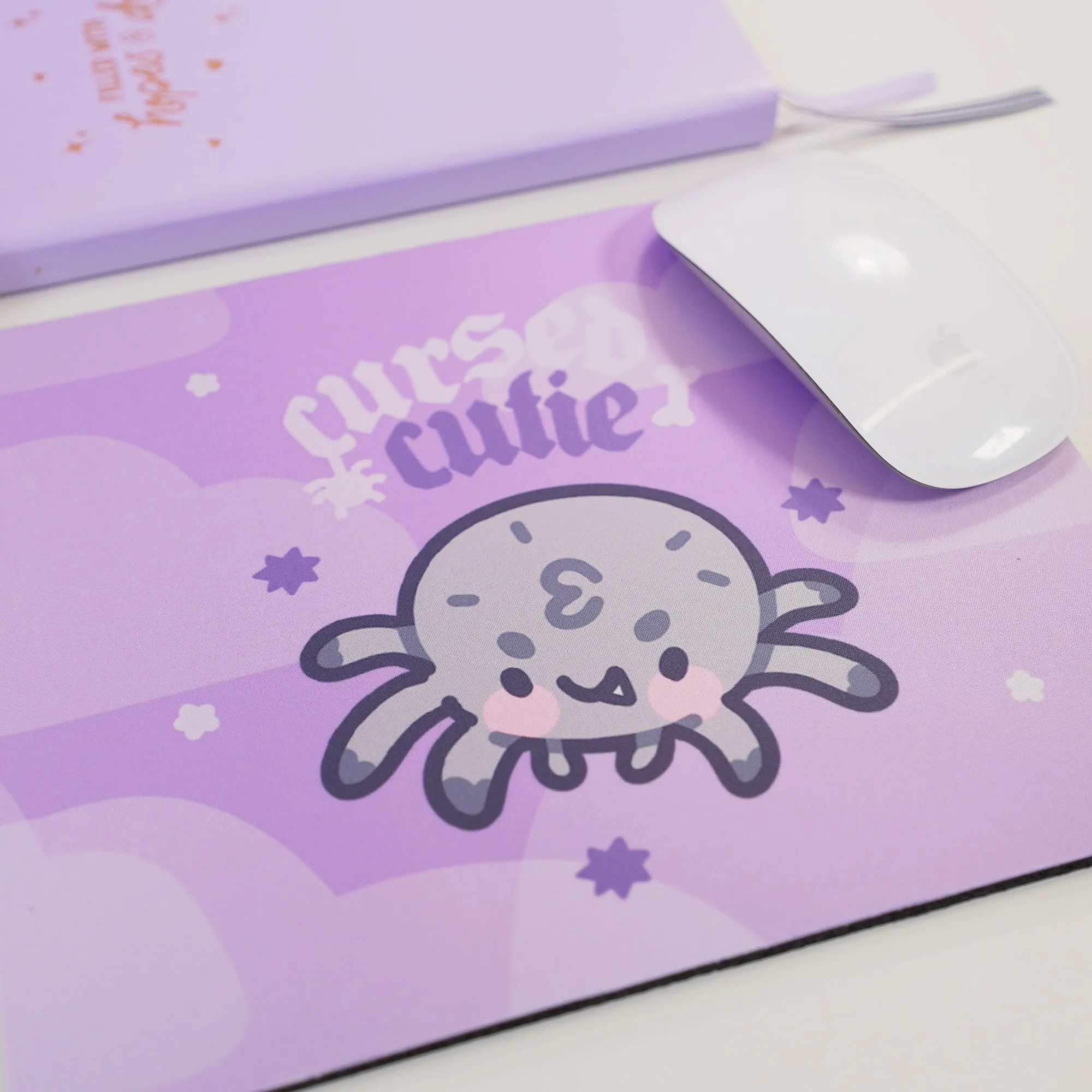 Fluffy the Spider Kawaii Halloween Mouse Pad | “Cursed Cutie” Gothic Purple Desk Decor | Spooky Cute Desk Mat