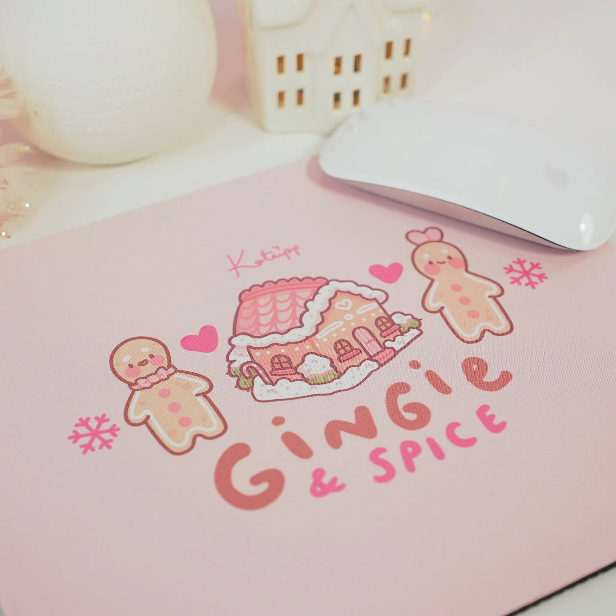 Gingie & Spice Mouse Pad | Kawaii Pastel Pink Desk Decor & Festive Holiday Gift | Cute Gingerbread Couple Office Accessories