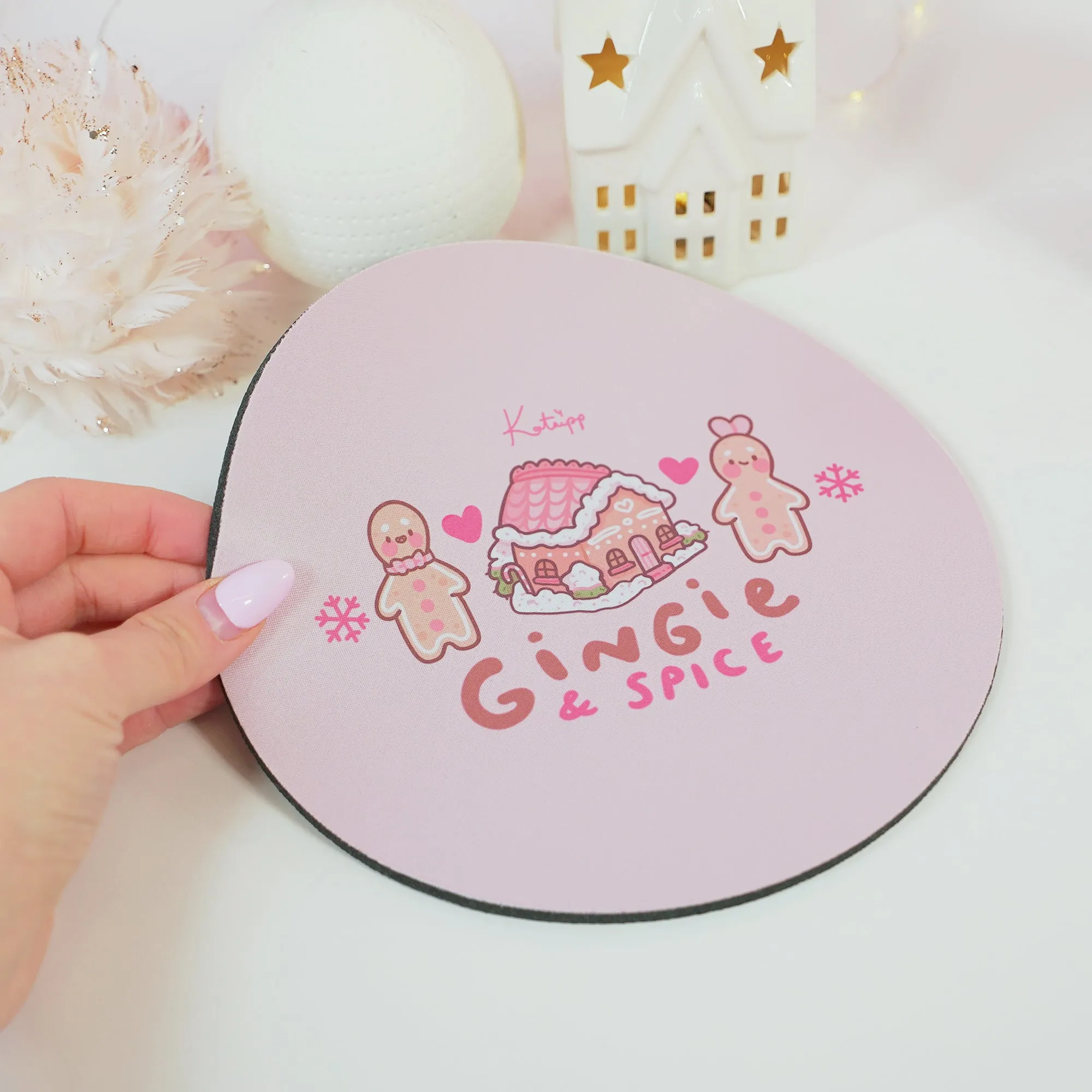 Gingie & Spice Mouse Pad | Kawaii Pastel Pink Desk Decor & Festive Holiday Gift | Cute Gingerbread Couple Office Accessories