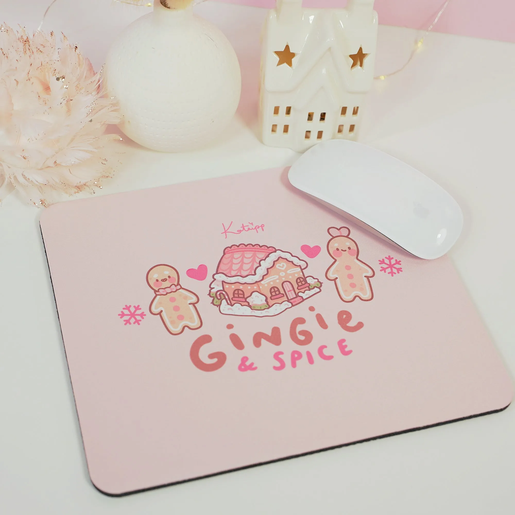 Gingie & Spice Mouse Pad | Kawaii Pastel Pink Desk Decor & Festive Holiday Gift | Cute Gingerbread Couple Office Accessories