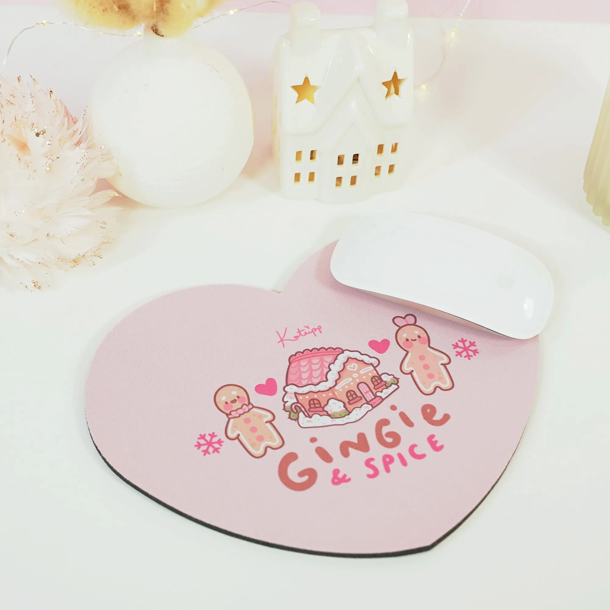 Gingie & Spice Mouse Pad | Kawaii Pastel Pink Desk Decor & Festive Holiday Gift | Cute Gingerbread Couple Office Accessories