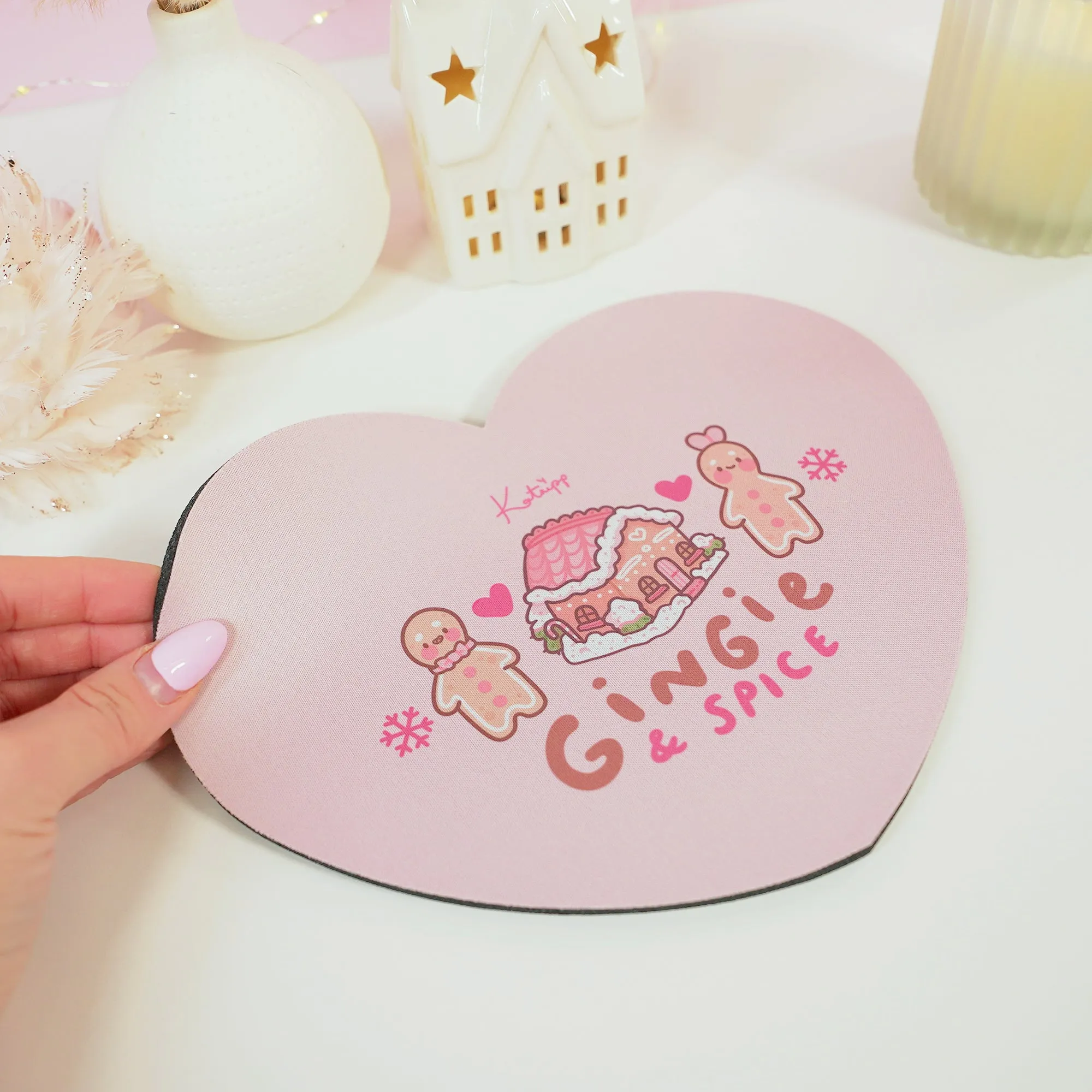 Gingie & Spice Mouse Pad | Kawaii Pastel Pink Desk Decor & Festive Holiday Gift | Cute Gingerbread Couple Office Accessories
