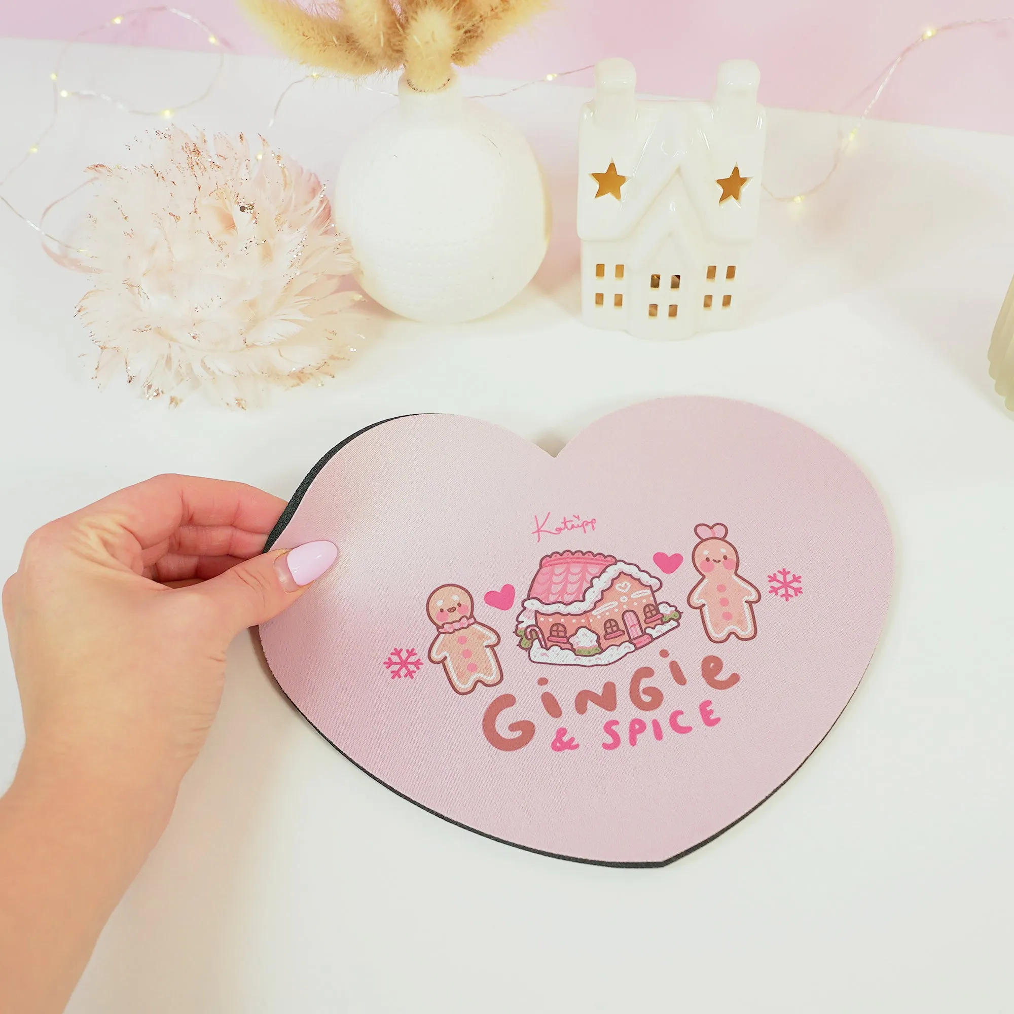 Gingie & Spice Mouse Pad | Kawaii Pastel Pink Desk Decor & Festive Holiday Gift | Cute Gingerbread Couple Office Accessories