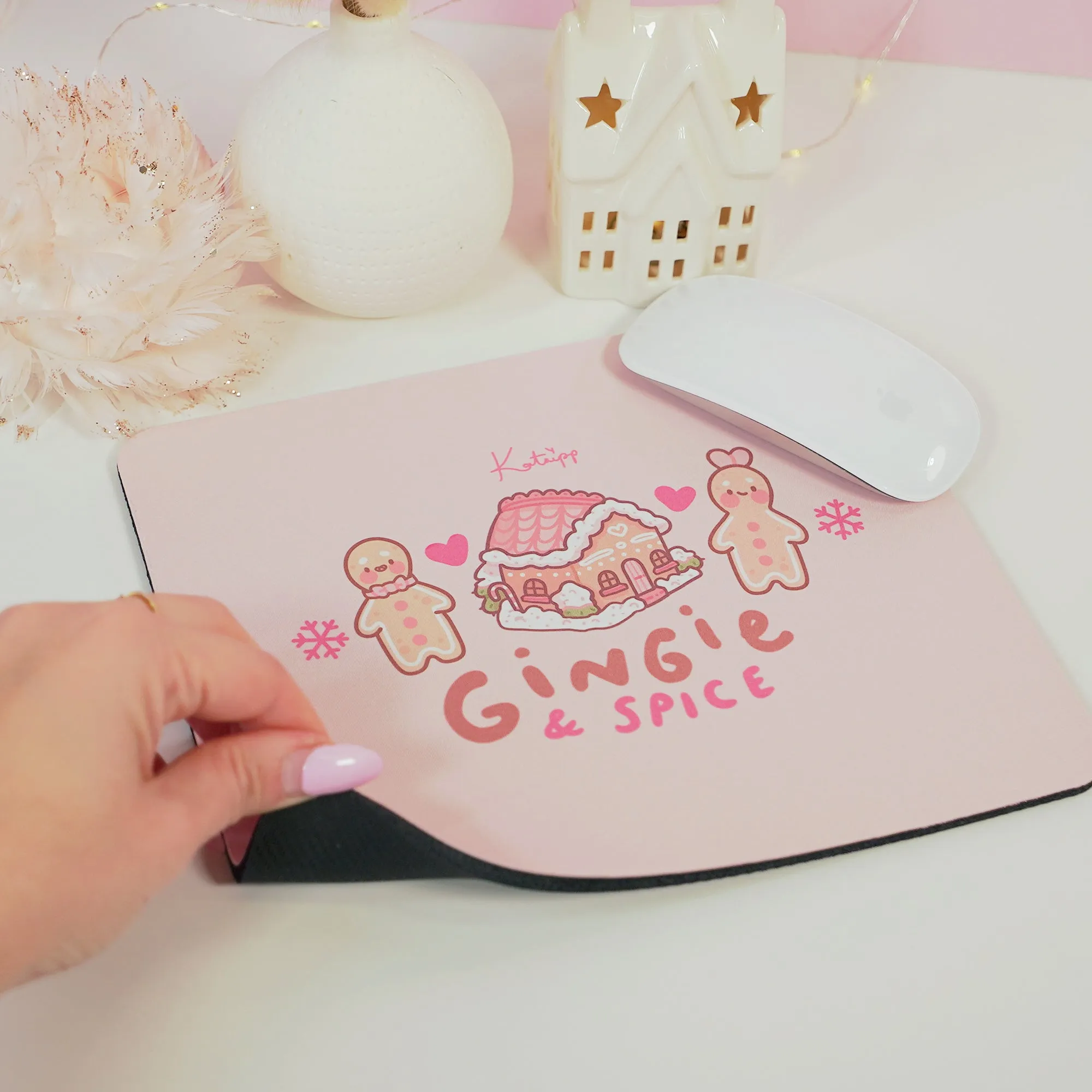Gingie & Spice Mouse Pad | Kawaii Pastel Pink Desk Decor & Festive Holiday Gift | Cute Gingerbread Couple Office Accessories