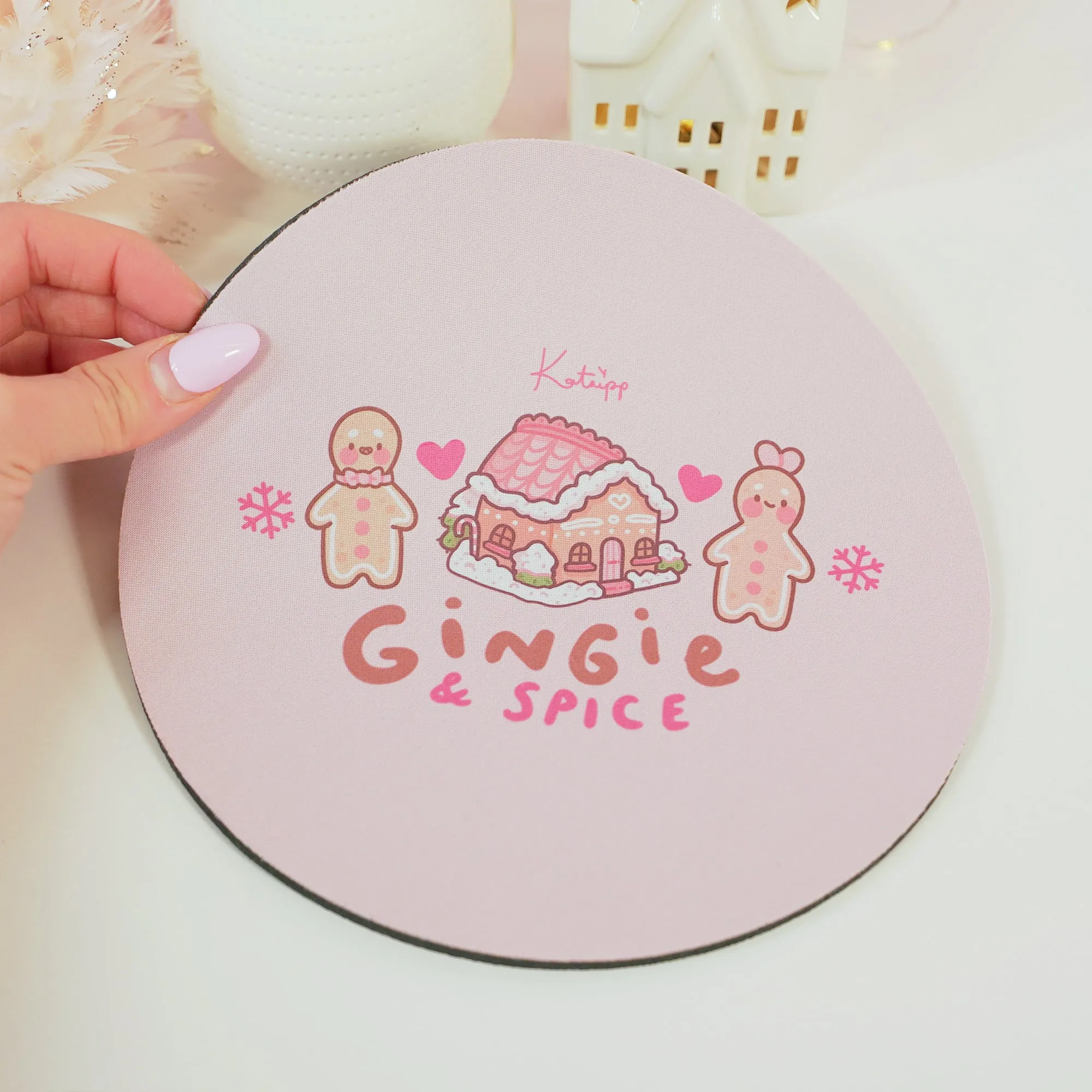 Gingie & Spice Mouse Pad | Kawaii Pastel Pink Desk Decor & Festive Holiday Gift | Cute Gingerbread Couple Office Accessories