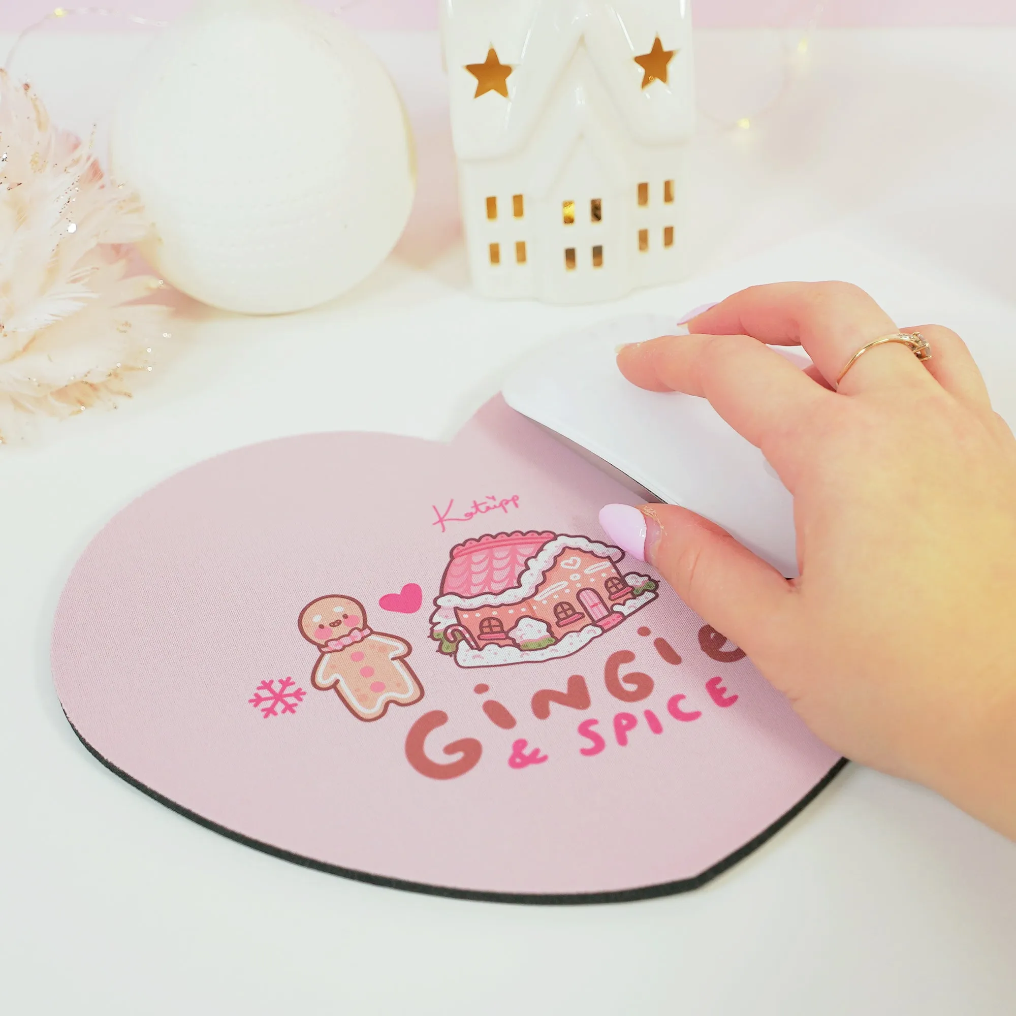 Gingie & Spice Mouse Pad | Kawaii Pastel Pink Desk Decor & Festive Holiday Gift | Cute Gingerbread Couple Office Accessories