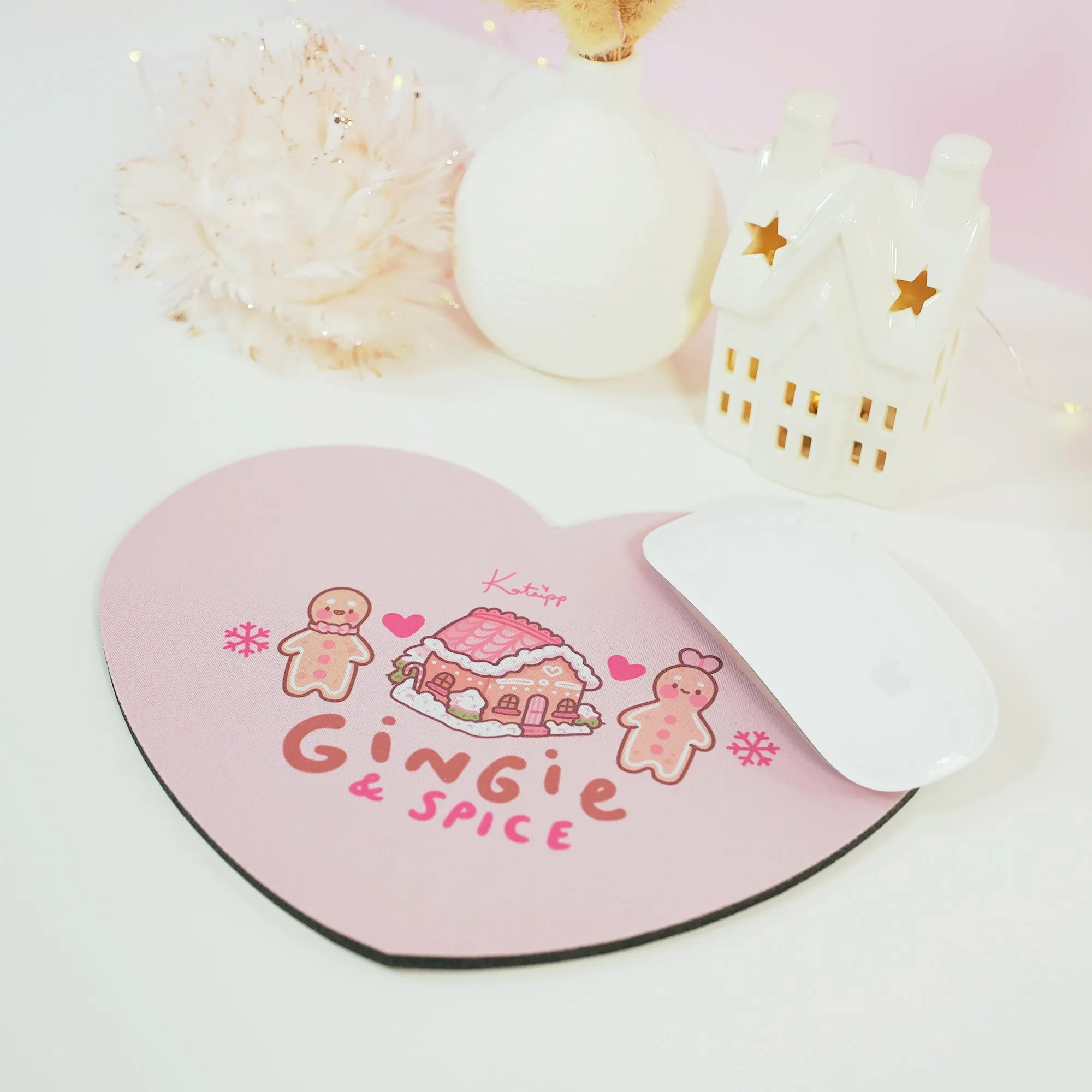 Gingie & Spice Mouse Pad | Kawaii Pastel Pink Desk Decor & Festive Holiday Gift | Cute Gingerbread Couple Office Accessories