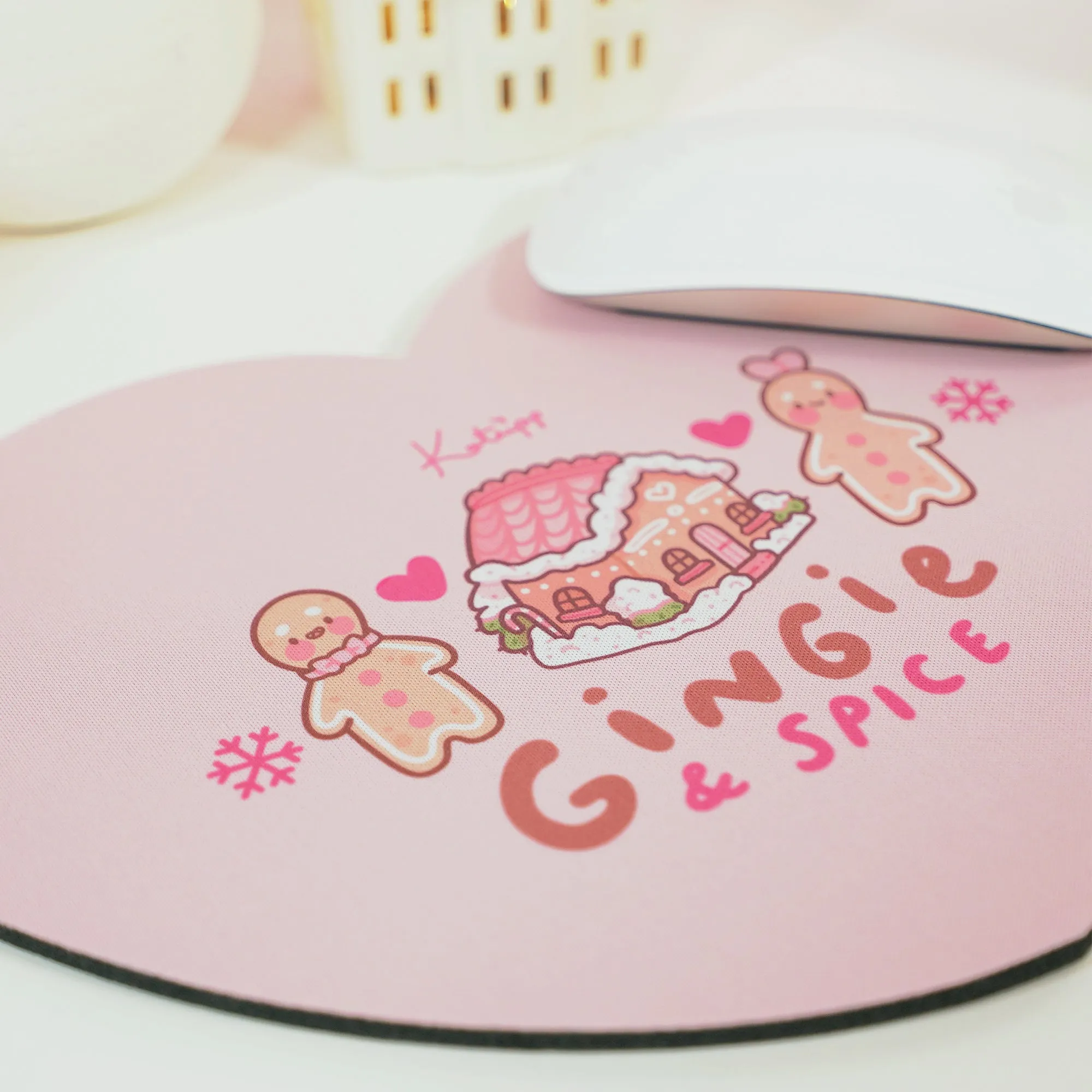 Gingie & Spice Mouse Pad | Kawaii Pastel Pink Desk Decor & Festive Holiday Gift | Cute Gingerbread Couple Office Accessories