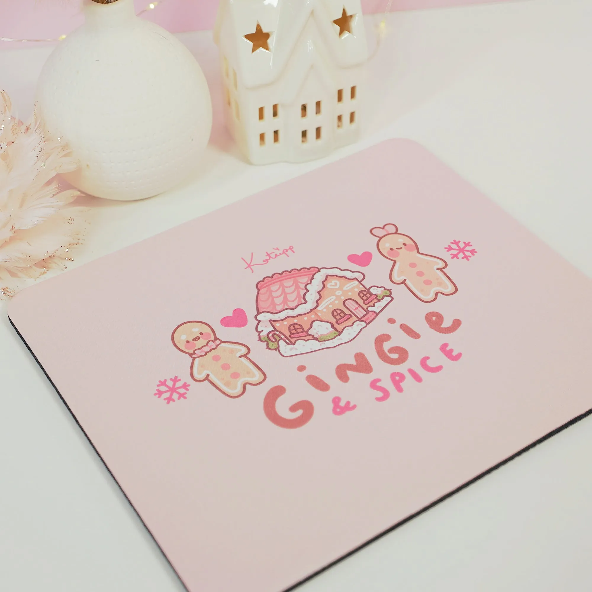 Gingie & Spice Mouse Pad | Kawaii Pastel Pink Desk Decor & Festive Holiday Gift | Cute Gingerbread Couple Office Accessories