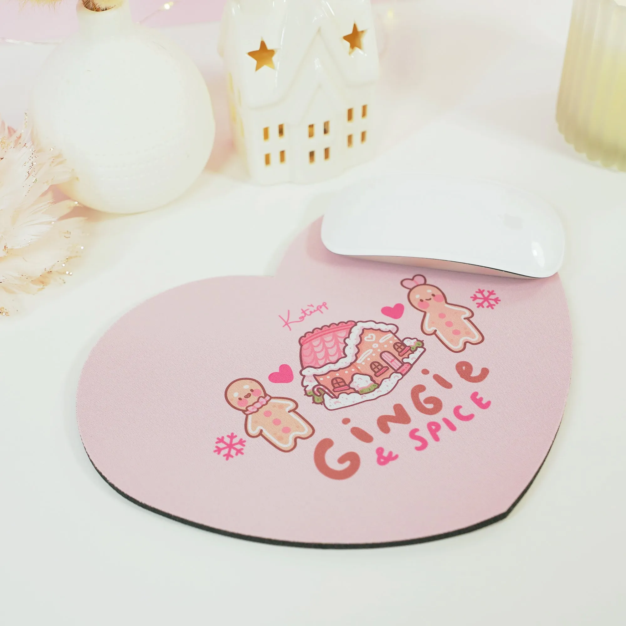 Gingie & Spice Mouse Pad | Kawaii Pastel Pink Desk Decor & Festive Holiday Gift | Cute Gingerbread Couple Office Accessories