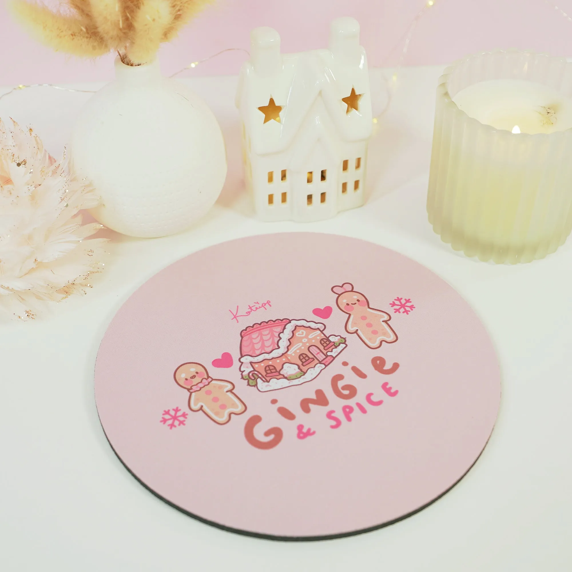 Gingie & Spice Mouse Pad | Kawaii Pastel Pink Desk Decor & Festive Holiday Gift | Cute Gingerbread Couple Office Accessories