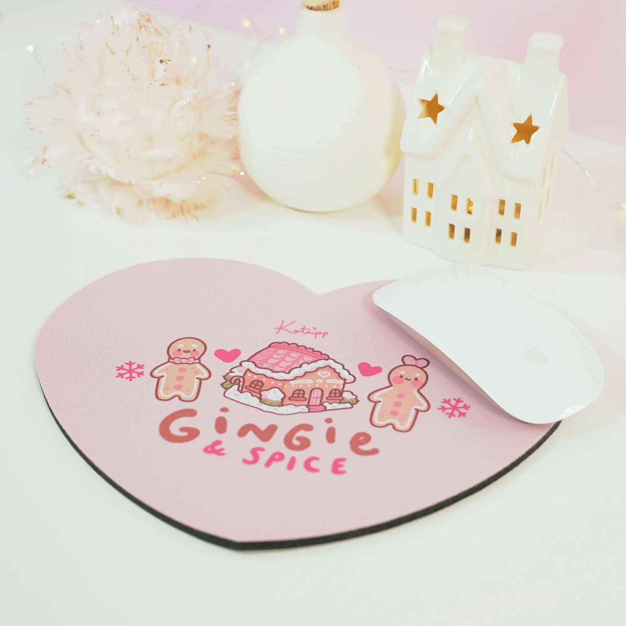 Gingie & Spice Mouse Pad | Kawaii Pastel Pink Desk Decor & Festive Holiday Gift | Cute Gingerbread Couple Office Accessories