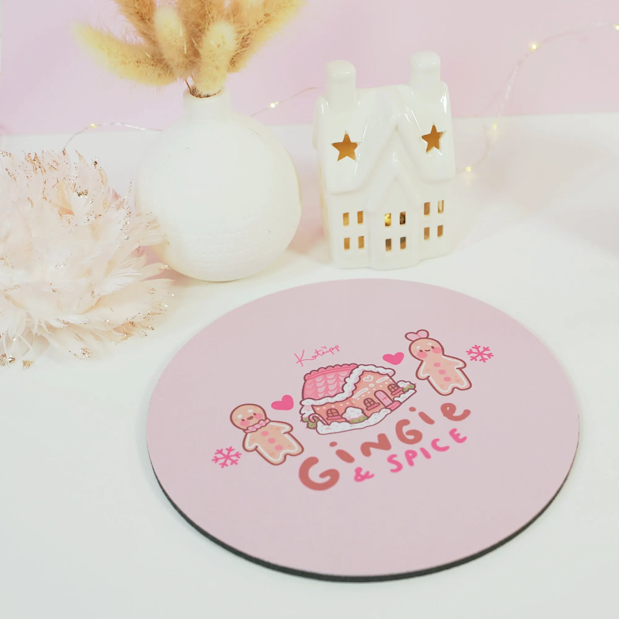 Gingie & Spice Mouse Pad | Kawaii Pastel Pink Desk Decor & Festive Holiday Gift | Cute Gingerbread Couple Office Accessories