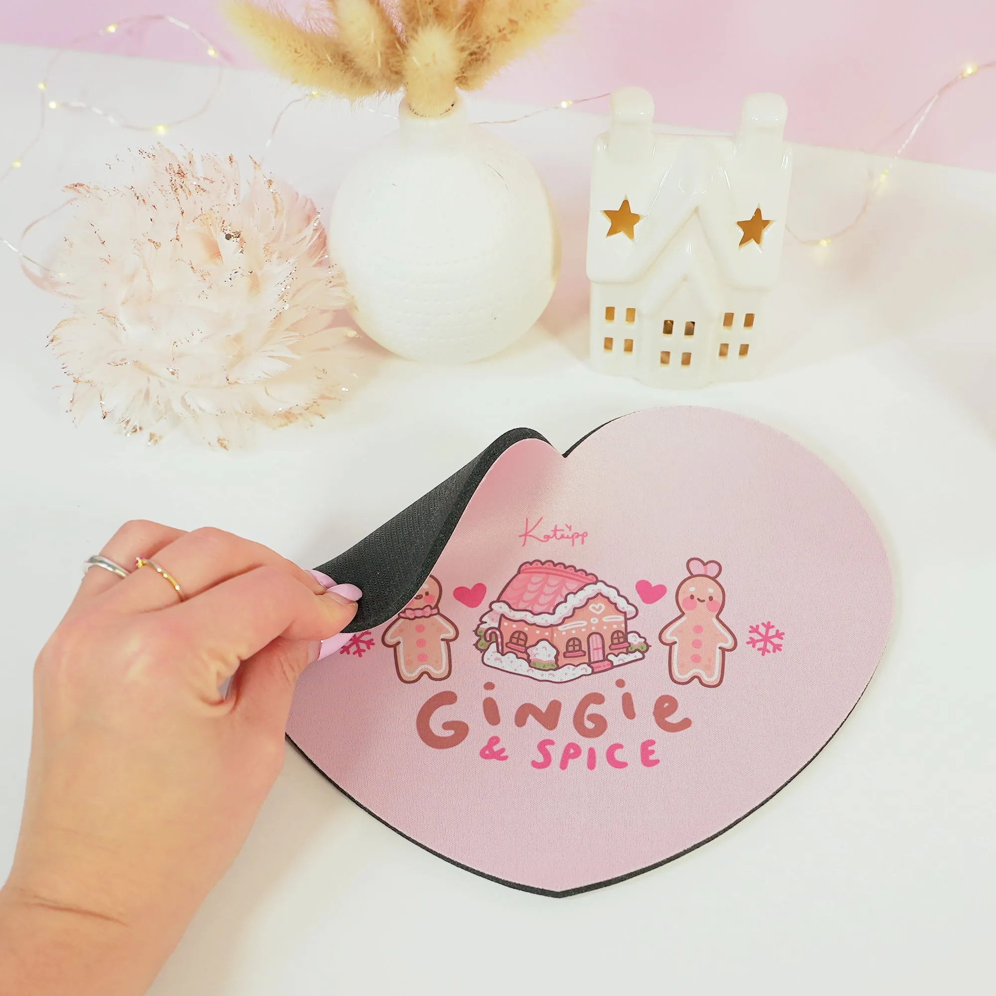 Gingie & Spice Mouse Pad | Kawaii Pastel Pink Desk Decor & Festive Holiday Gift | Cute Gingerbread Couple Office Accessories