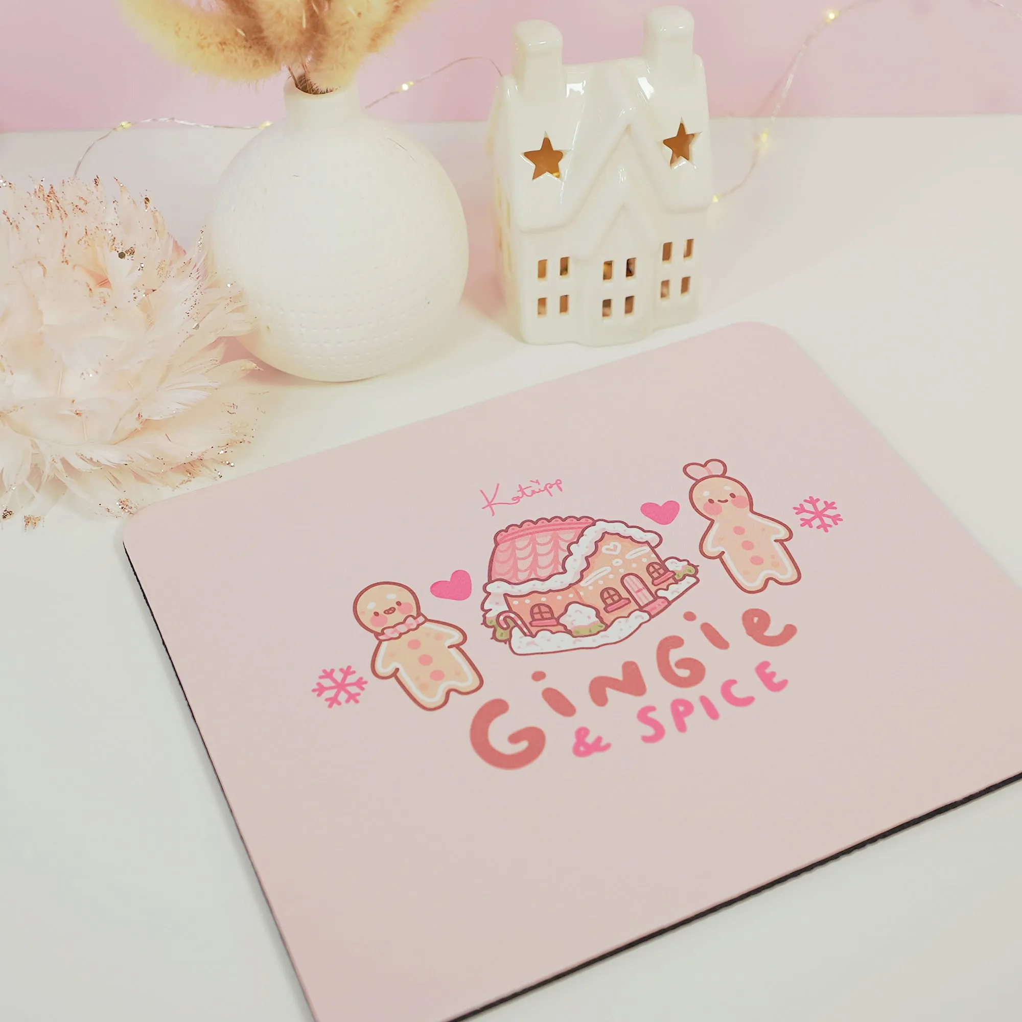Gingie & Spice Mouse Pad | Kawaii Pastel Pink Desk Decor & Festive Holiday Gift | Cute Gingerbread Couple Office Accessories