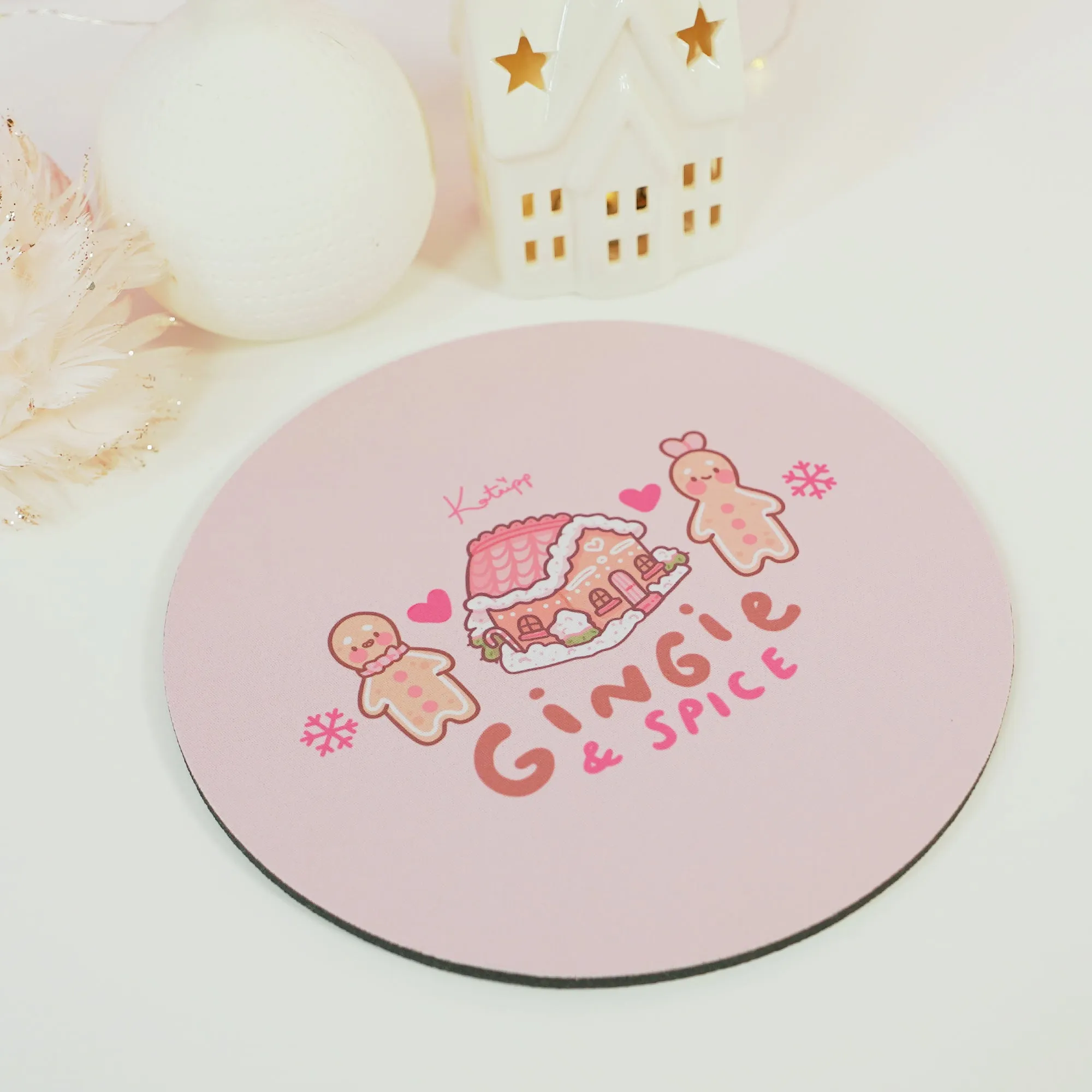 Gingie & Spice Mouse Pad | Kawaii Pastel Pink Desk Decor & Festive Holiday Gift | Cute Gingerbread Couple Office Accessories