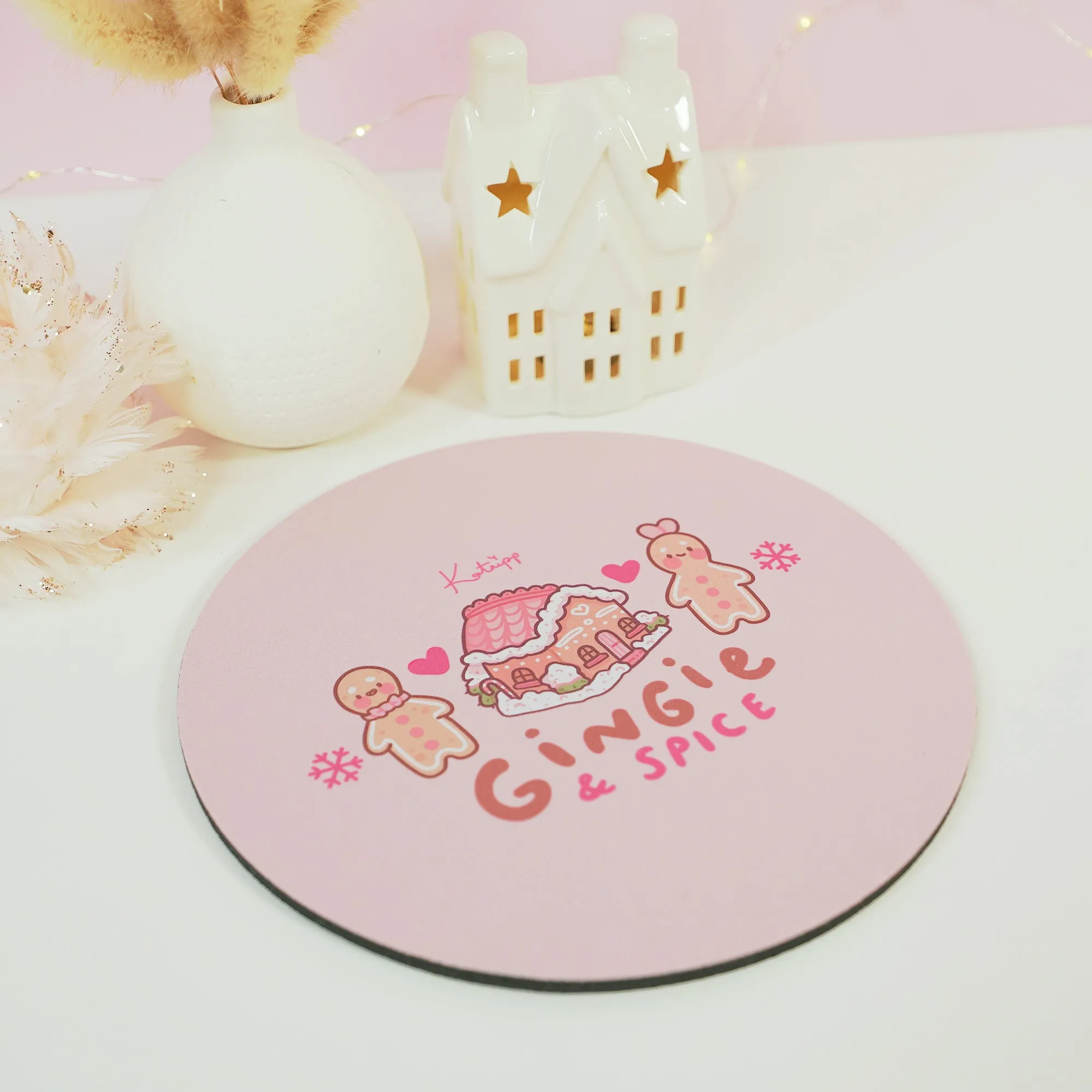 Gingie & Spice Mouse Pad | Kawaii Pastel Pink Desk Decor & Festive Holiday Gift | Cute Gingerbread Couple Office Accessories