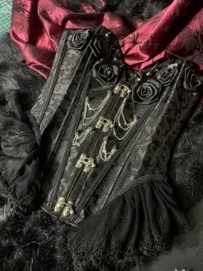 Gothic Black Rosette Studs Chain Embellished Boned Corset
