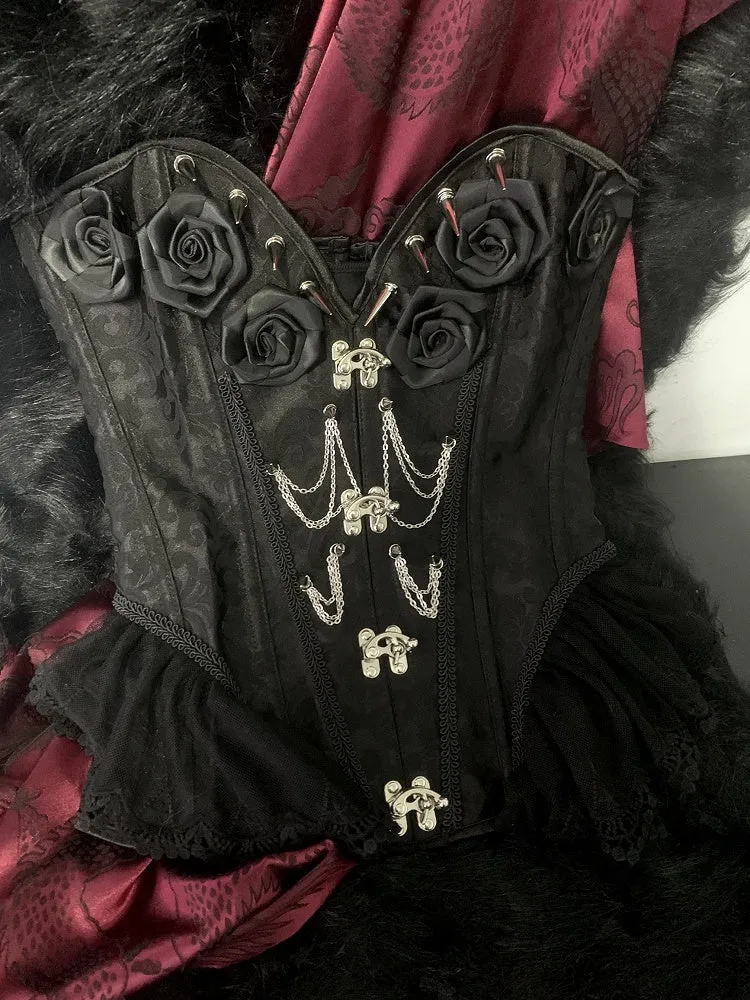 Gothic Black Rosette Studs Chain Embellished Boned Corset
