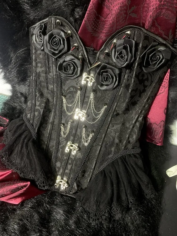 Gothic Black Rosette Studs Chain Embellished Boned Corset
