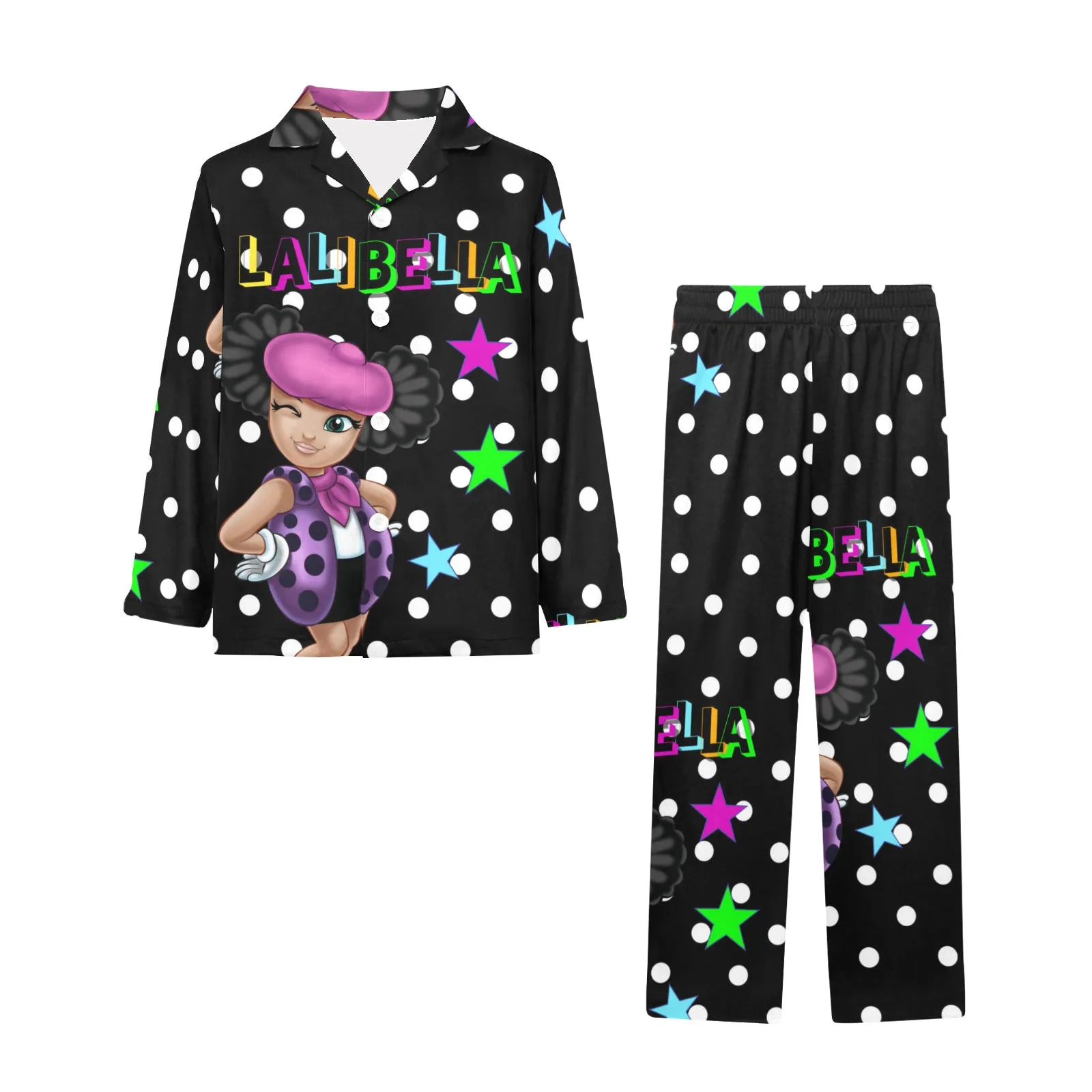 Lalibella Polk-a-dot Pajamas Big Girls' V-Neck Long Pajama Set