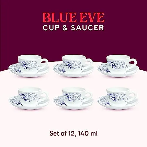 Larah by BOROSIL Silk Series Blue Eve Opalware Cup and Saucer Set of 12 pcs | Tea/Coffee Cups 145 ml | Microwave & Dishwasher Safe, Bone-Ash Free | Crockery Set Ideal for Daily Use & Gifting, White