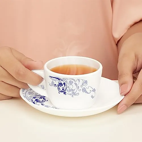 Larah by BOROSIL Silk Series Blue Eve Opalware Cup and Saucer Set of 12 pcs | Tea/Coffee Cups 145 ml | Microwave & Dishwasher Safe, Bone-Ash Free | Crockery Set Ideal for Daily Use & Gifting, White
