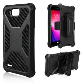 LG X Power 2 Case, LG X Charge, LG Fiesta 2, Fiesta, LG K10 Power, Rugged Slim Rotating Holster Swivel Lock Carbon Fiber Combo Clip Case Cover - Black