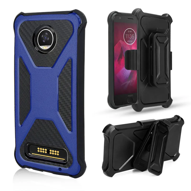 Motorola Moto Z2 Play Case, Rugged Slim Rotating Swivel Lock Carbon Fiber Combo Case for Moto Z2 Play - Blue