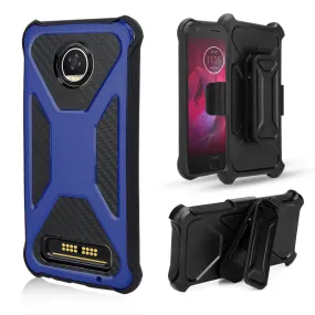 Motorola Moto Z2 Play Case, Rugged Slim Rotating Swivel Lock Carbon Fiber Combo Case for Moto Z2 Play - Blue