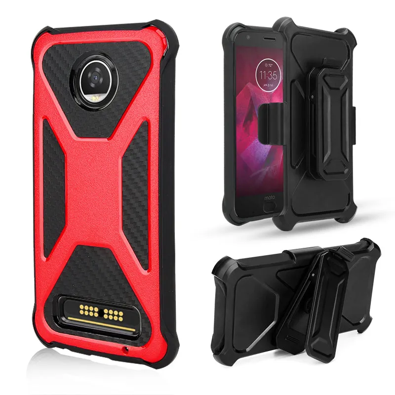 Motorola Moto Z2 Play Case, Rugged Slim Rotating Swivel Lock Carbon Fiber Combo Case for Moto Z2 Play - Red
